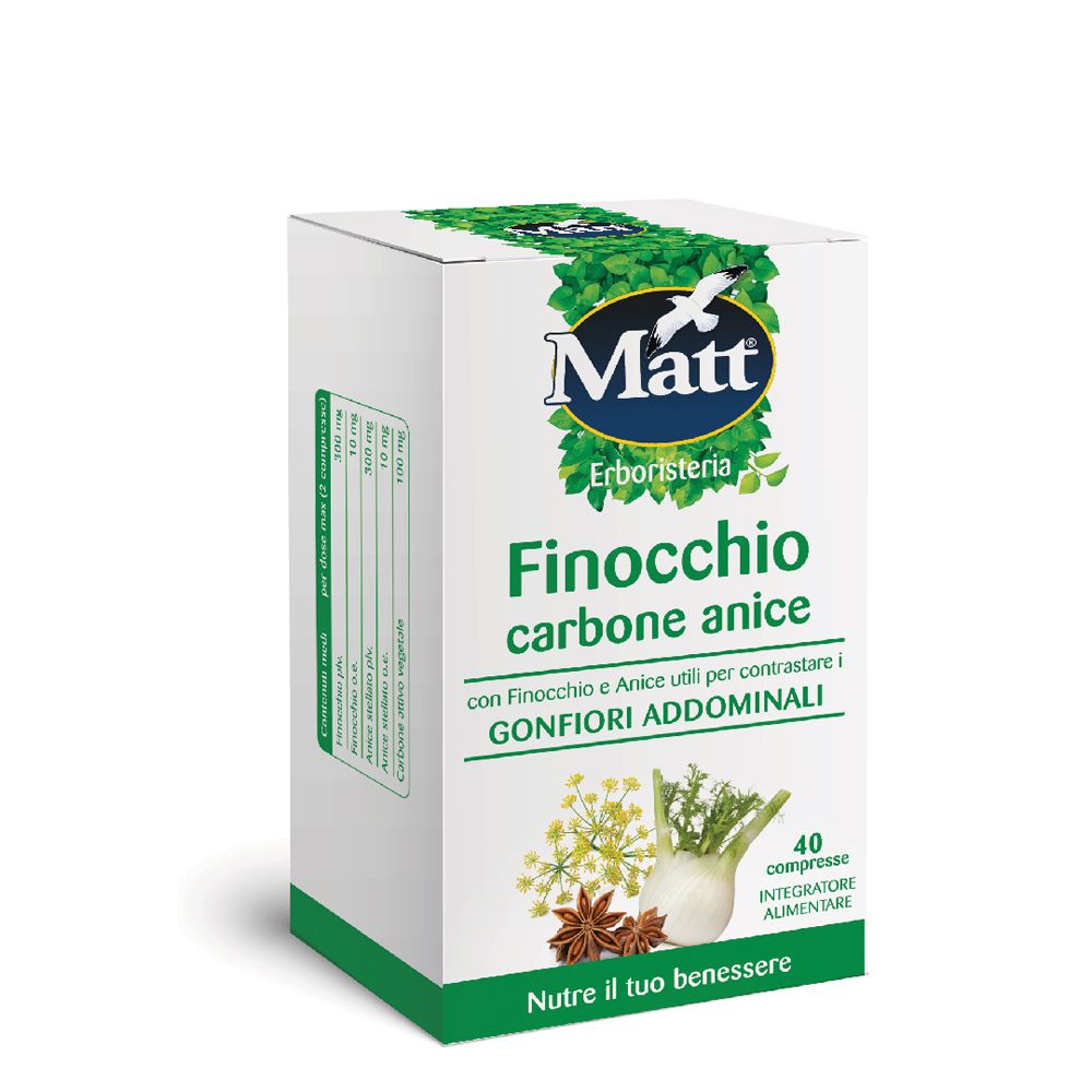 Matt Erboristeria Finocchio carbone anice, 40 compresse. Contro il gonfiore addominale.