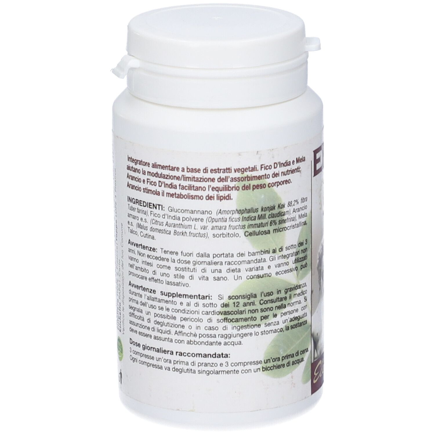 Flacone bianco di compresse con etichetta. Testo in italiano. Vista posteriore del flacone.