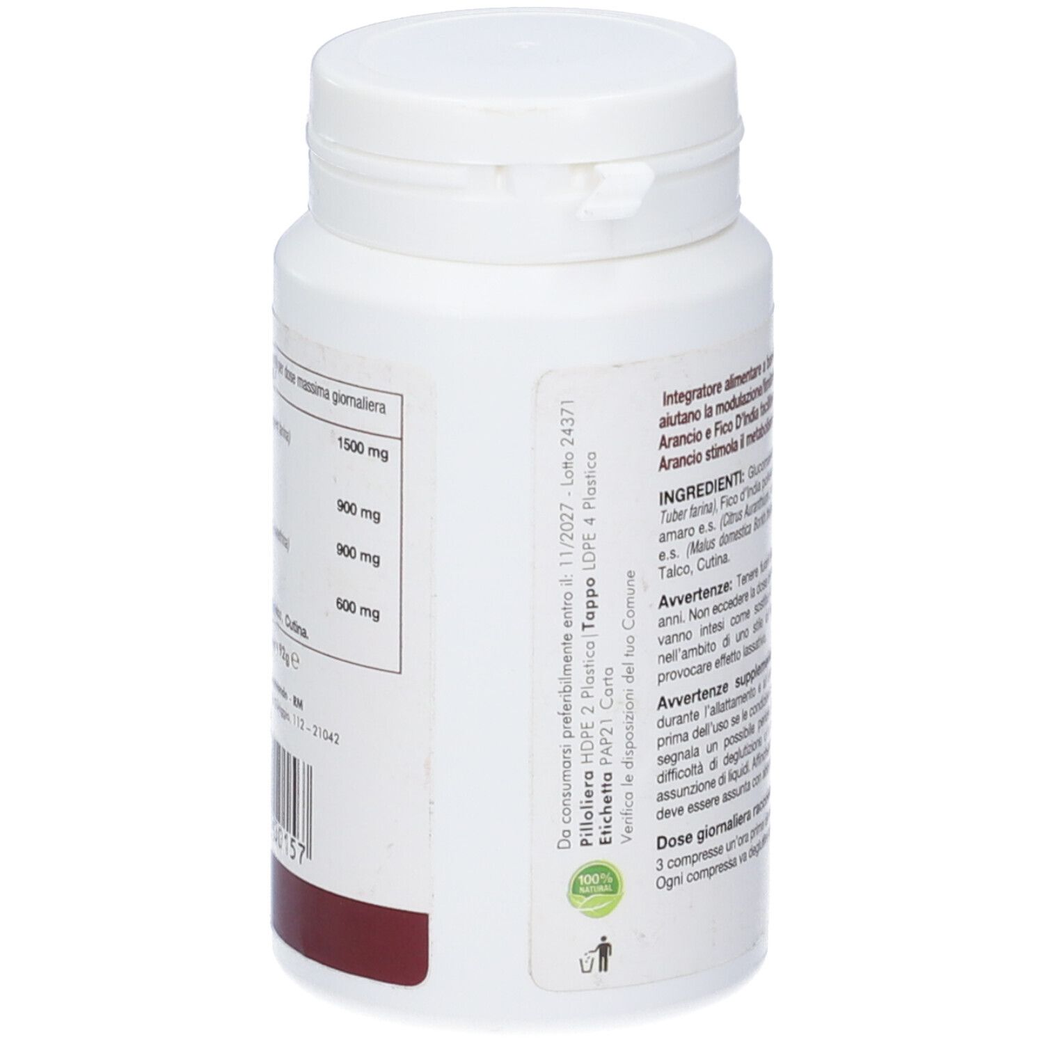 Flacone bianco di compresse con etichetta. Testo in italiano. Vista laterale del flacone.