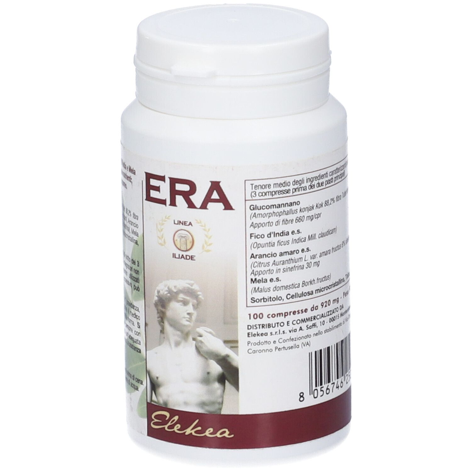 Flacone bianco di compresse con etichetta. Scritta ERA, immagine di una statua. Testo in italiano.