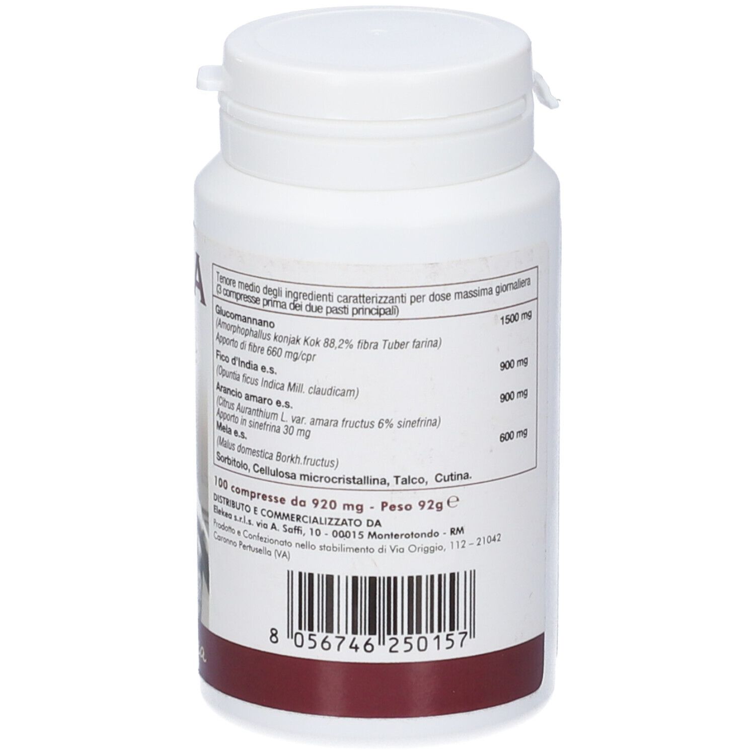 Flacone bianco di compresse con etichetta. Testo in italiano. Vista dettagliata degli ingredienti.