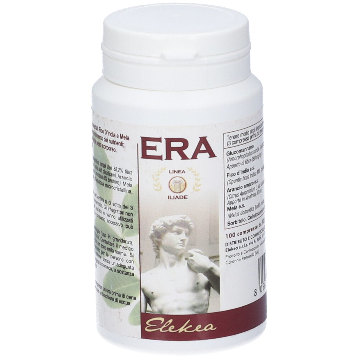 Flacone bianco di compresse con etichetta. Scritta ERA, immagine di una statua. Testo in italiano.