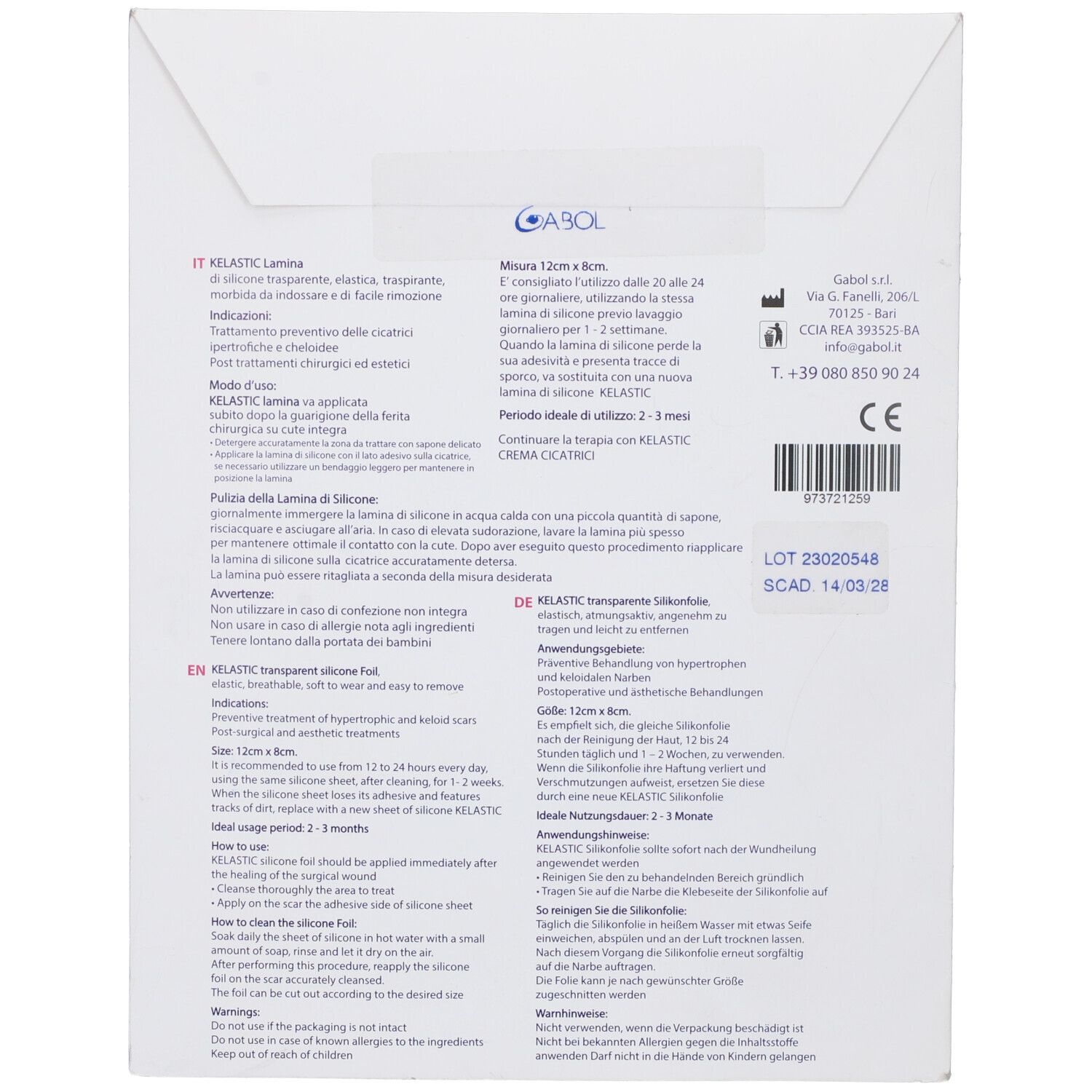 Retro della confezione. Testo: KELASTIC Lamina, foglio di silicone trasparente. Informazioni per l'uso e marchio CE.