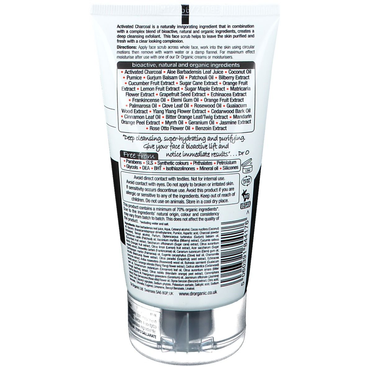 Tubo bianco con scrub viso nero. Scritta: Dr. Organic, Charcoal, Deep Cleansing Face Scrub. Sigillo biologico.