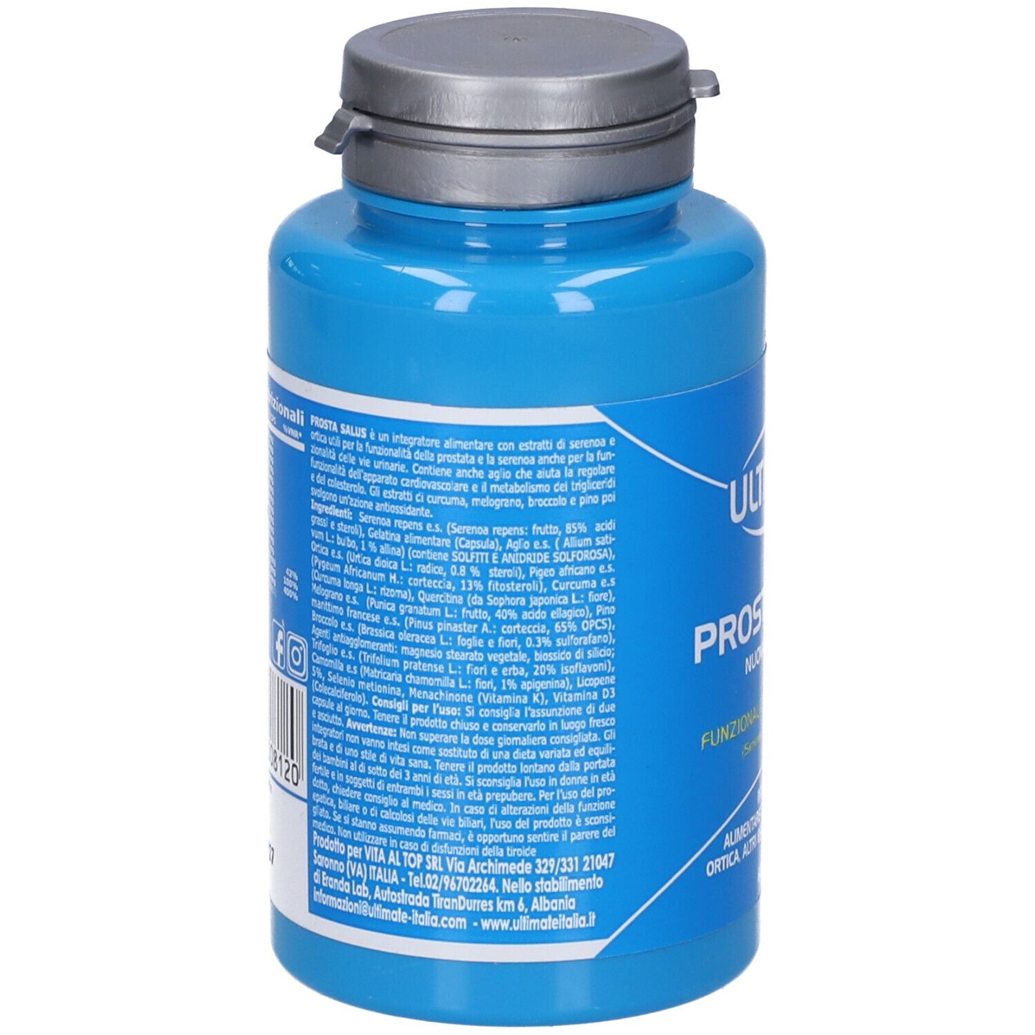 Retro del flacone blu. Informazioni testuali e codice a barre. Tappo grigio.