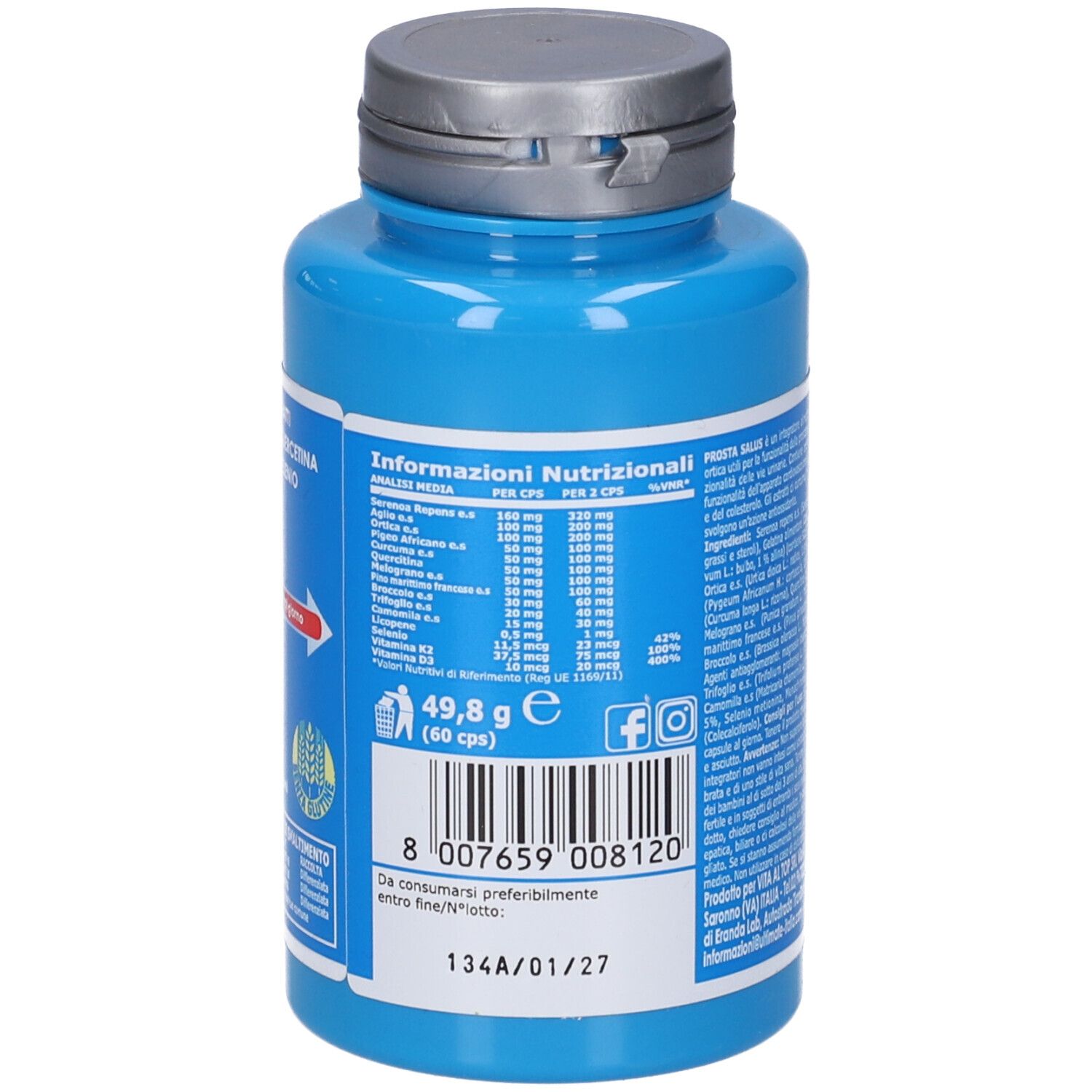 Retro del flacone blu. Informazioni nutrizionali e codice a barre. Tappo grigio.