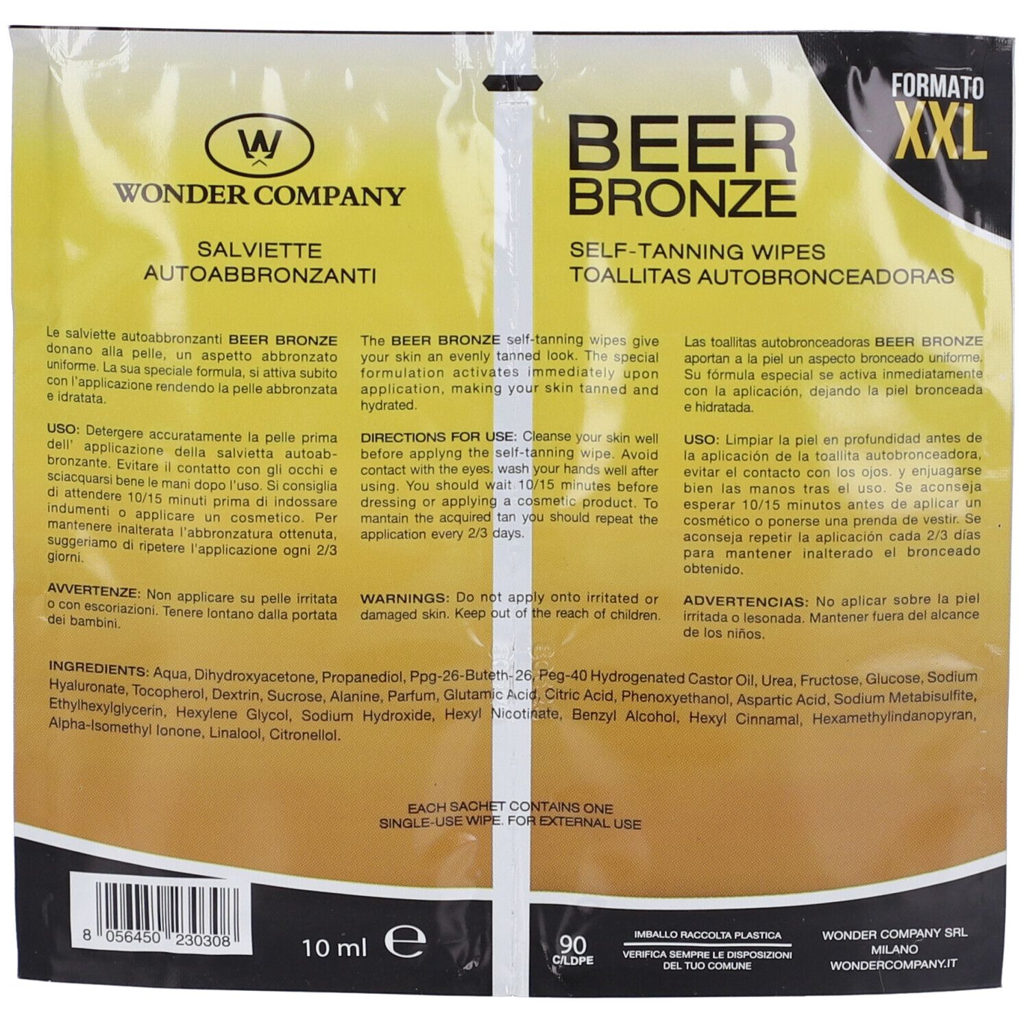 Retro della confezione di Salviette Abbronzanti. Testo: Beer Bronze, Wonder Company. Formato XXL. Contiene 10 ml. Istruzioni per l'uso.