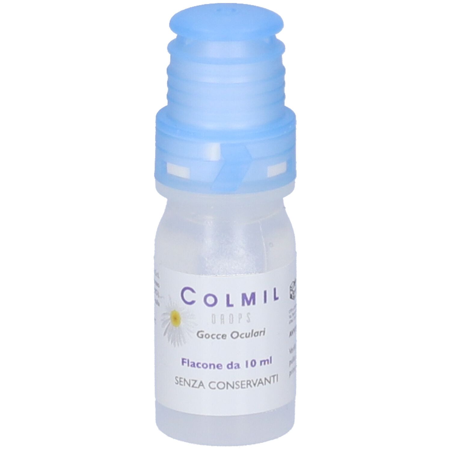 Flacone di collirio con tappo blu. Scritta: Colmil Drops Gocce Oculari. Flacone da 10 ml. Senza conservanti.