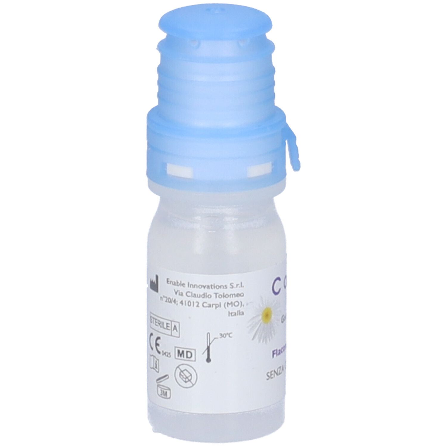 Flacone di collirio con tappo blu. Scritta: Colmil Drops Gocce Oculari. Flacone da 10 ml. Senza conservanti. Etichetta con informazioni.