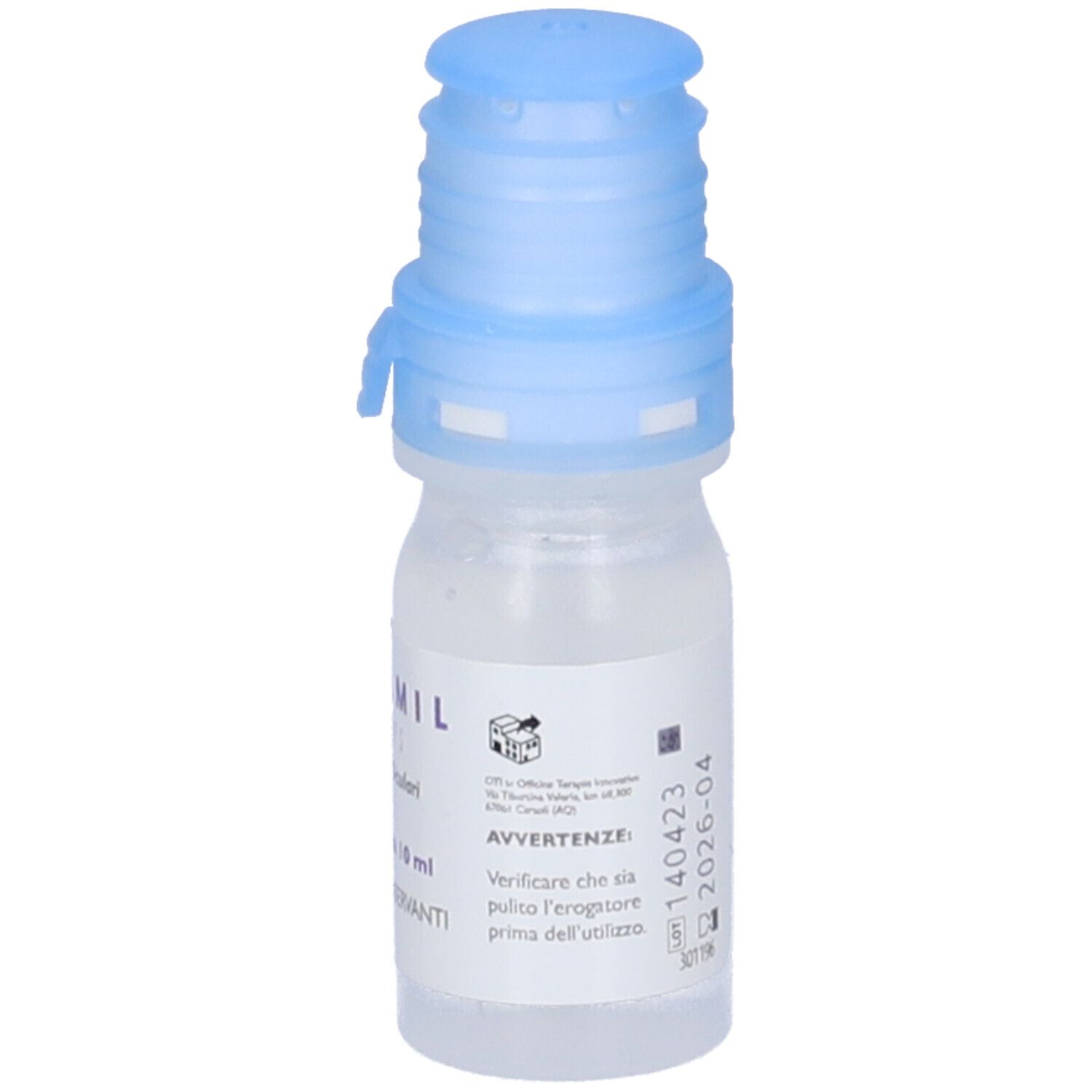 Flacone di collirio con tappo blu. Scritta: Colmil Drops Gocce Oculari. Flacone da 10 ml. Senza conservanti. Etichetta con informazioni.