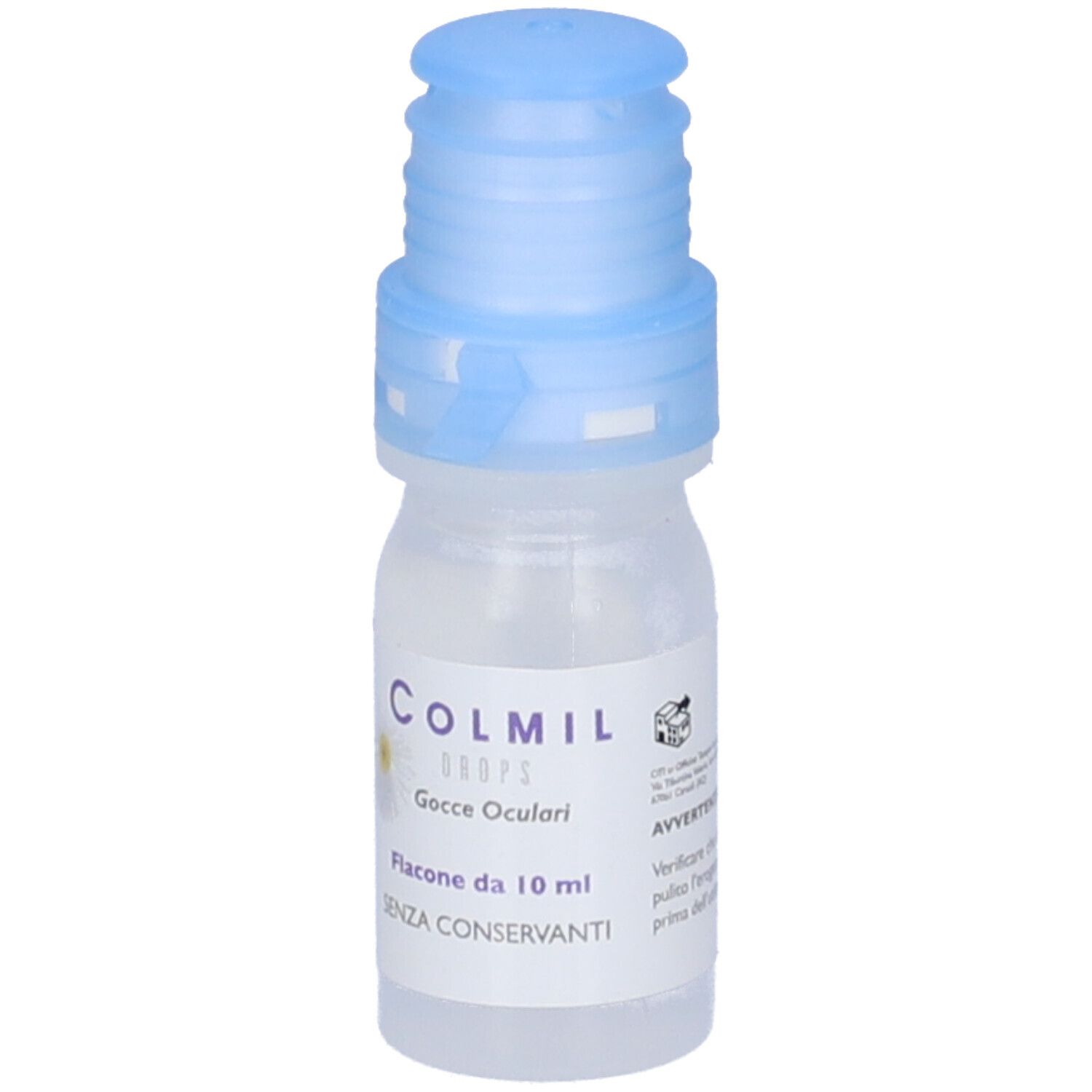 Flacone di collirio con tappo blu. Scritta: Colmil Drops Gocce Oculari. Flacone da 10 ml. Senza conservanti. Etichetta con informazioni.