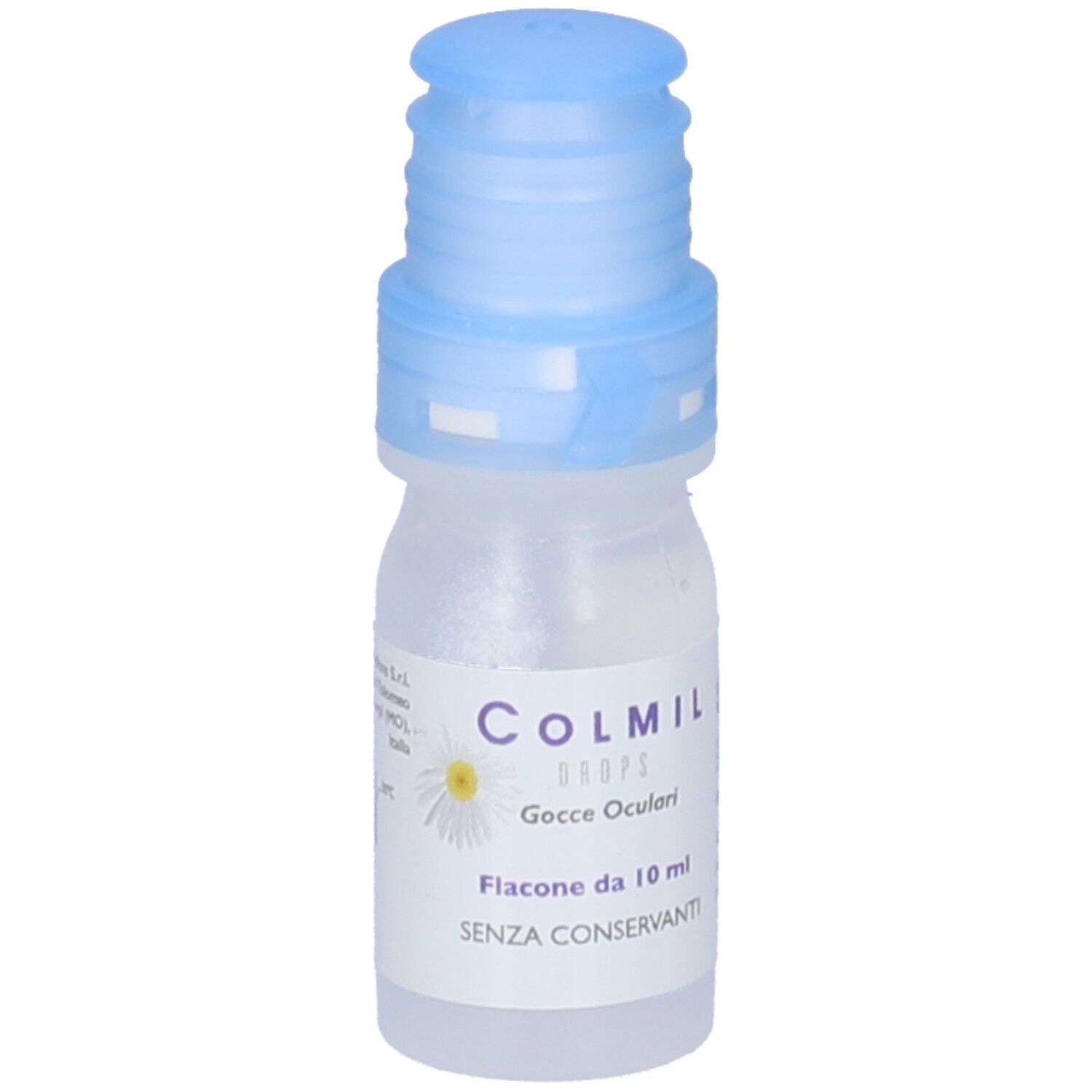 Flacone di collirio con tappo blu. Scritta: Colmil Drops Gocce Oculari. Flacone da 10 ml. Senza conservanti. Etichetta con informazioni.