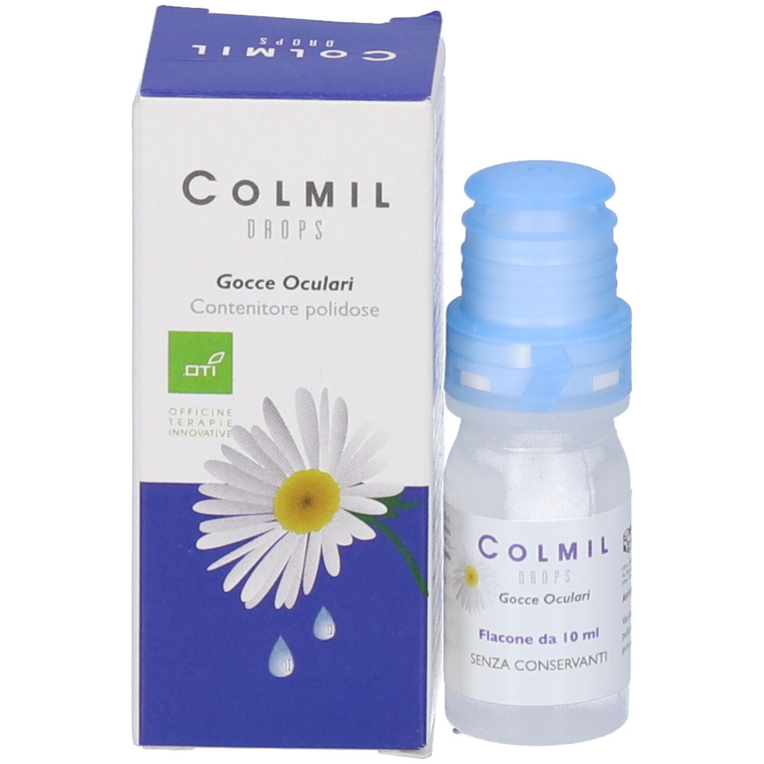 Flacone di collirio e confezione. Scritta: Colmil Drops Gocce Oculari. Flacone da 10 ml. Confezione con logo.