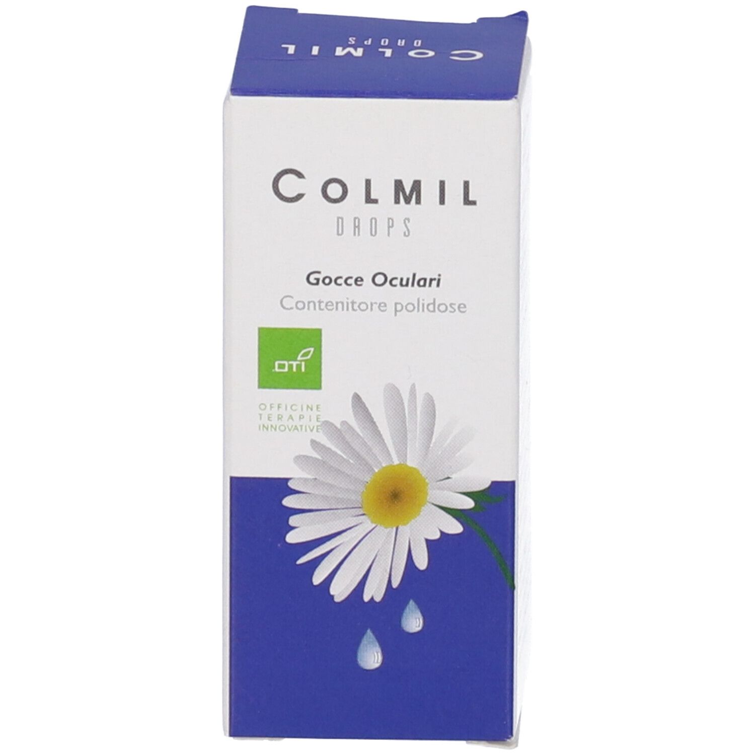 Confezione di collirio. Scritta: Colmil Drops Gocce Oculari. Logo e illustrazione di gocce.