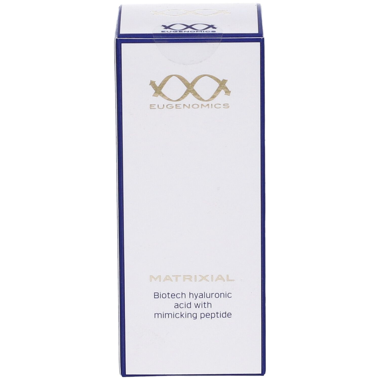 Scatola bianca con bordi blu. Scritta: EUGENOMICS, MATRIXIAL, acido ialuronico biotech con peptide mimetico.