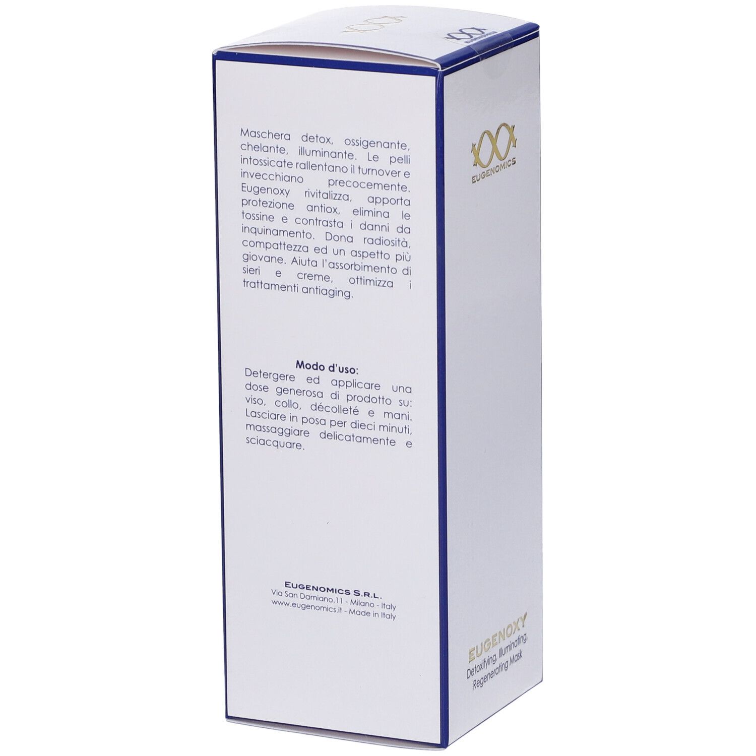 Confezione bianca con bordo blu. Testo in italiano. Logo Eugenomics. In basso, EUGENOXY Detoxifying, Illuminating Regenerating Mask.