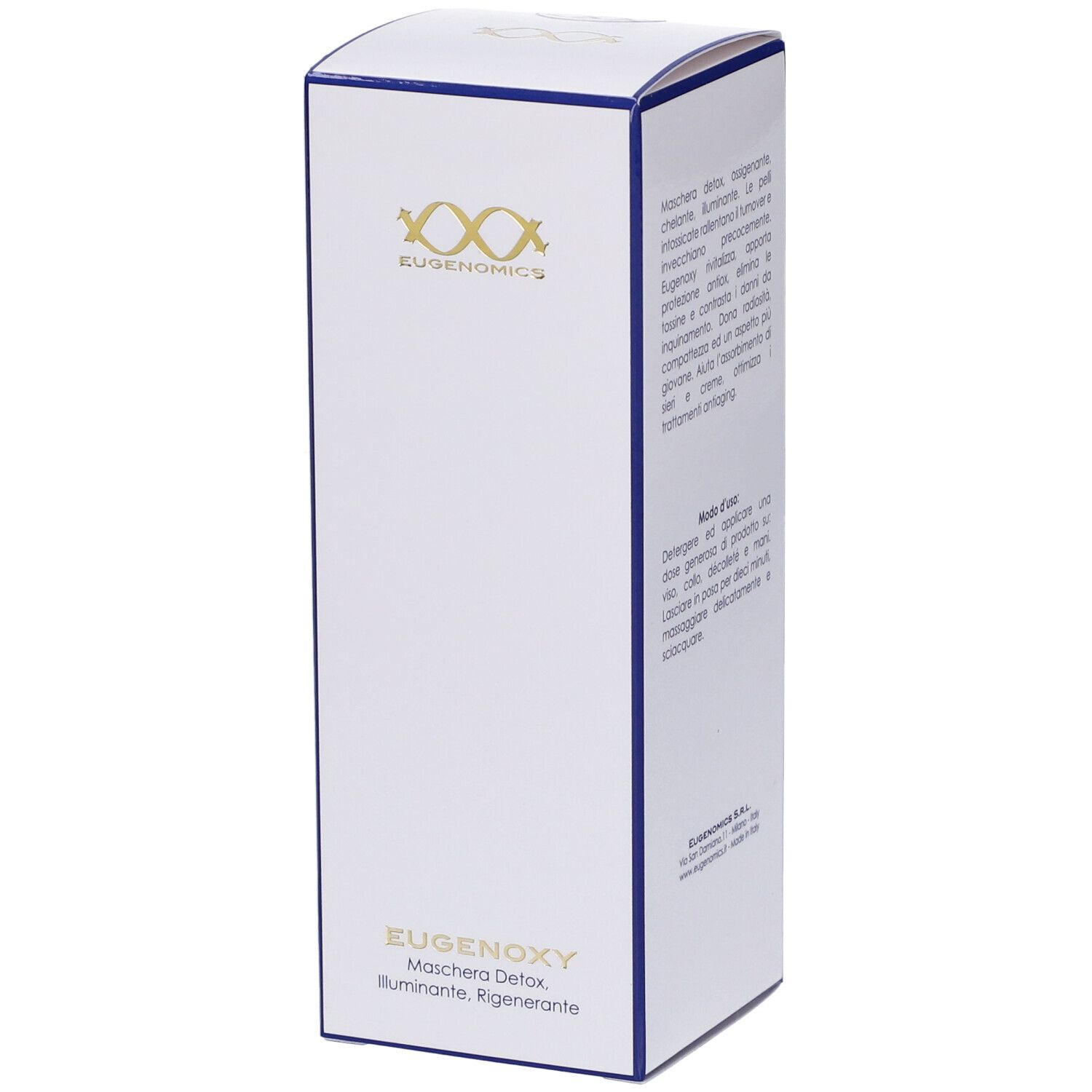Confezione bianca con bordo blu. Testo in italiano. Logo Eugenomics. In basso, EUGENOXY Detoxifying, Illuminating Regenerating Mask.