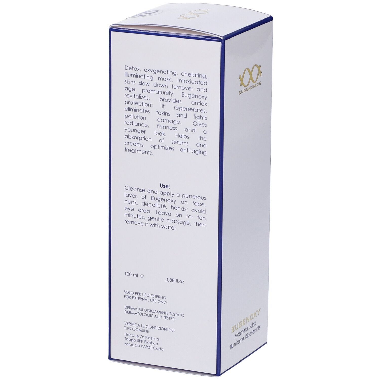 Confezione bianca con bordo blu. Testo in inglese. Logo Eugenomics. In basso, EUGENOXY Detoxifying, Illuminating Regenerating Mask.