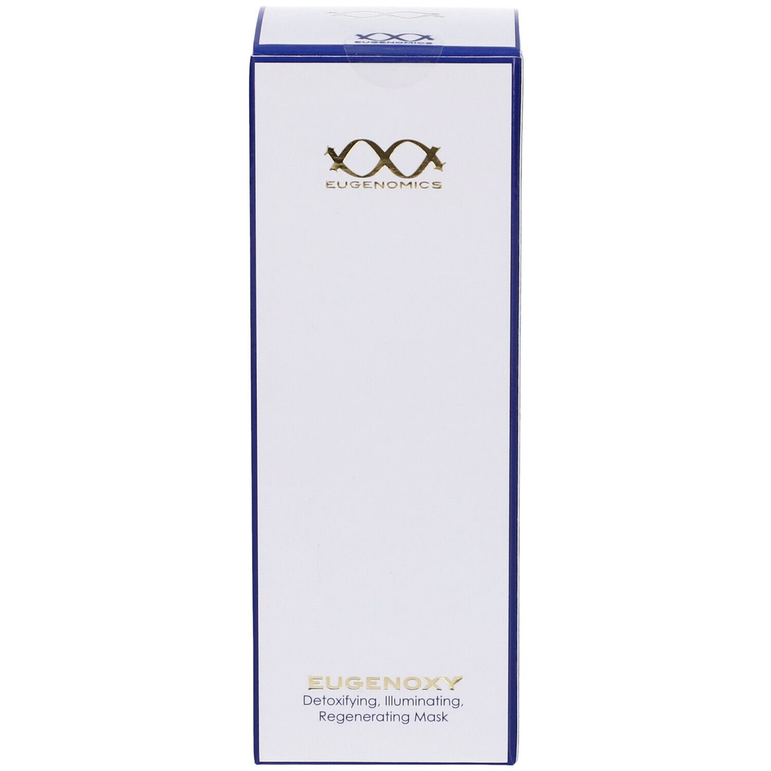 Confezione bianca con bordo blu. Logo Eugenomics. In basso, EUGENOXY Detoxifying, Illuminating Regenerating Mask.