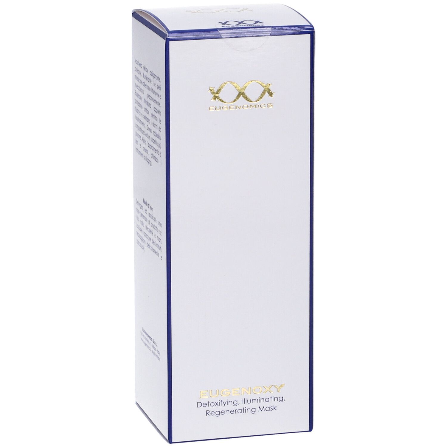 Confezione bianca con bordo blu. Testo in italiano. Logo Eugenomics. In basso, EUGENOXY Detoxifying, Illuminating Regenerating Mask.