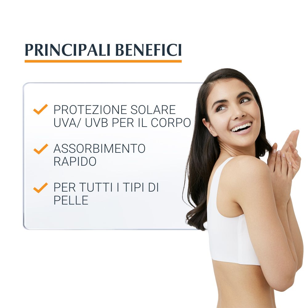 Una donna sorride. Testo: Principali benefici: protezione solare, assorbimento rapido, per tutti i tipi di pelle.