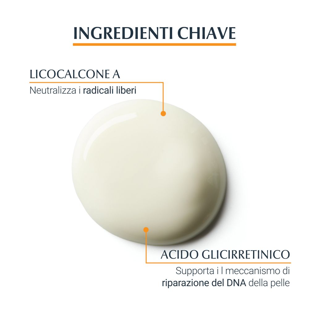 Primo piano di una crema. Testo: Ingredienti chiave: Licochalcone A, Acido Glicirretinico.