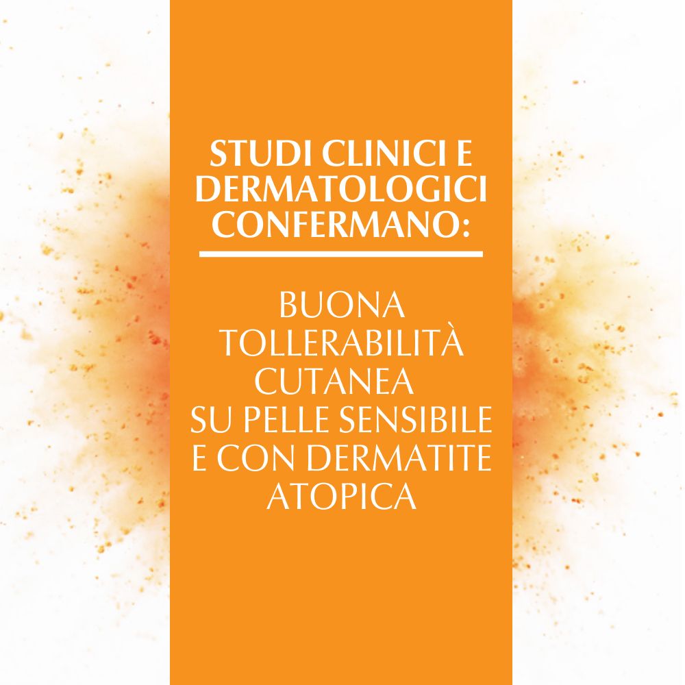 Testo su sfondo arancione: Studi clinici confermano: buona tollerabilità cutanea su pelle sensibile e con dermatite atopica.