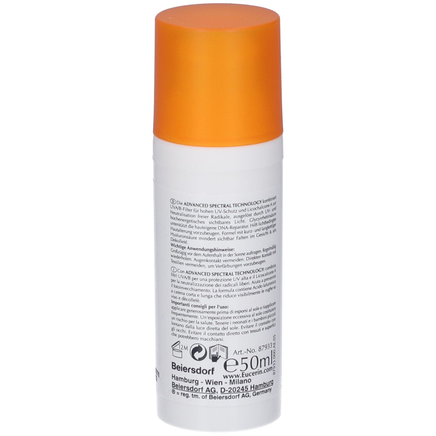 Eucerin Sun Fluid Photoaging Control. Flacone bianco con tappo arancione. Testo e informazioni sul retro.