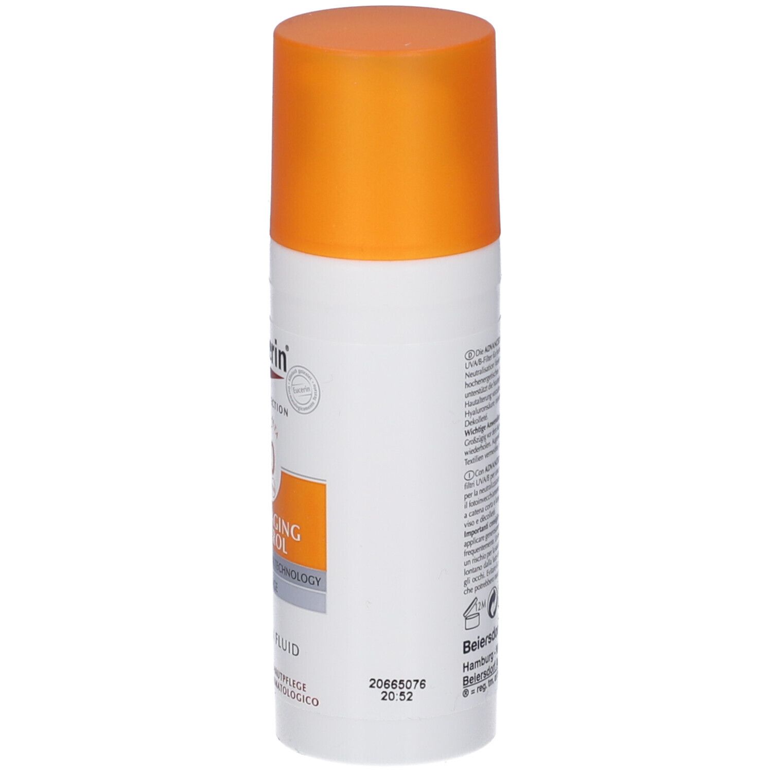 Eucerin Sun Fluid Photoaging Control. Flacone bianco con tappo arancione. Vista dettagliata delle informazioni sul prodotto.