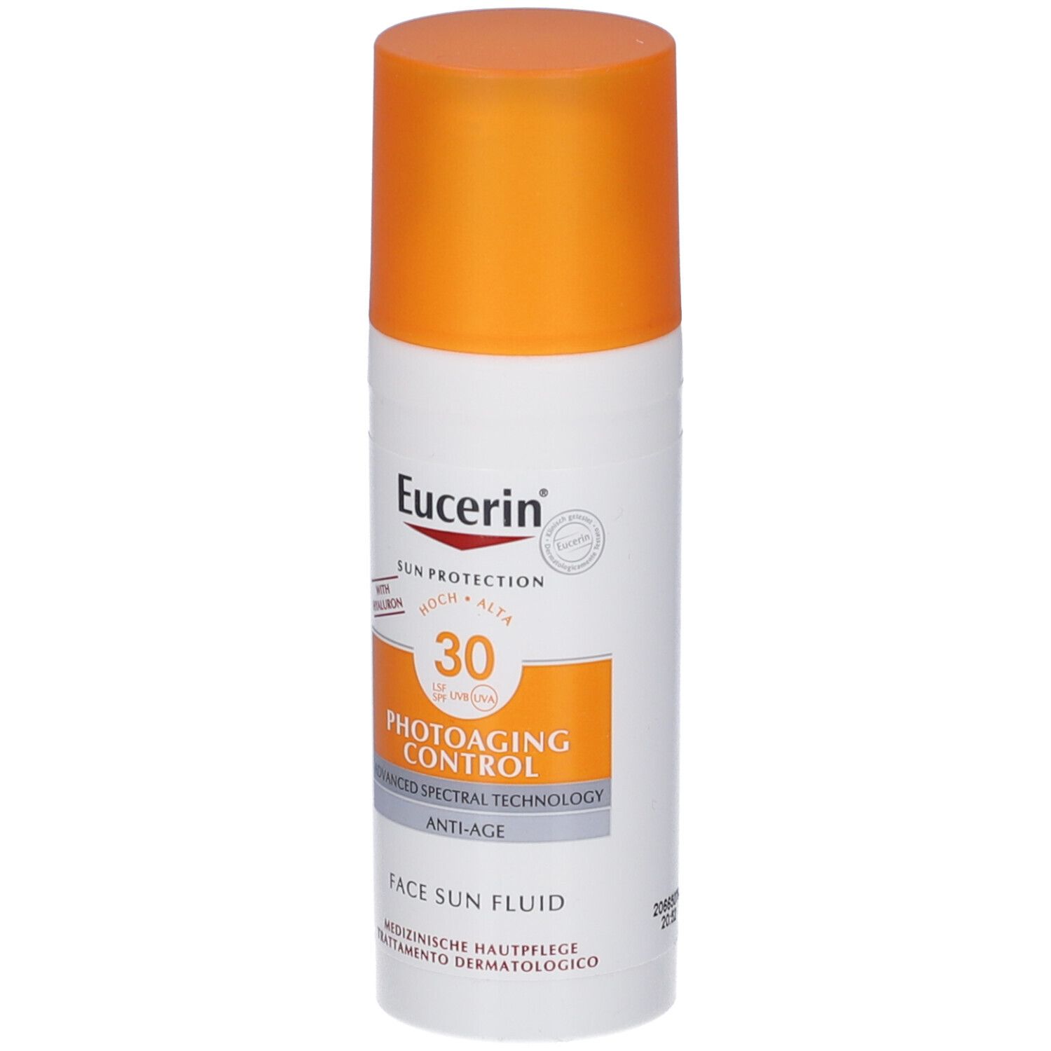 Eucerin Sun Fluid Photoaging Control SPF 30. Flacone bianco con tappo arancione. Nome del prodotto e SPF ben visibili.