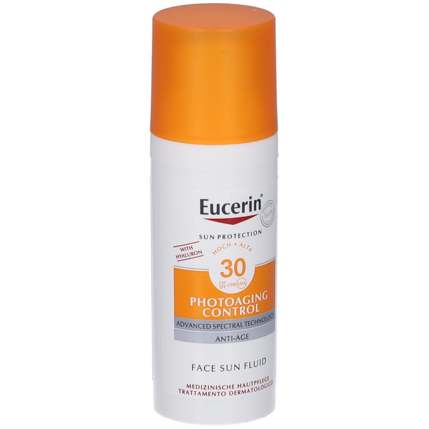 Eucerin Sun Fluid Photoaging Control SPF 30. Flacone bianco con tappo arancione. Nome del prodotto e SPF ben visibili.