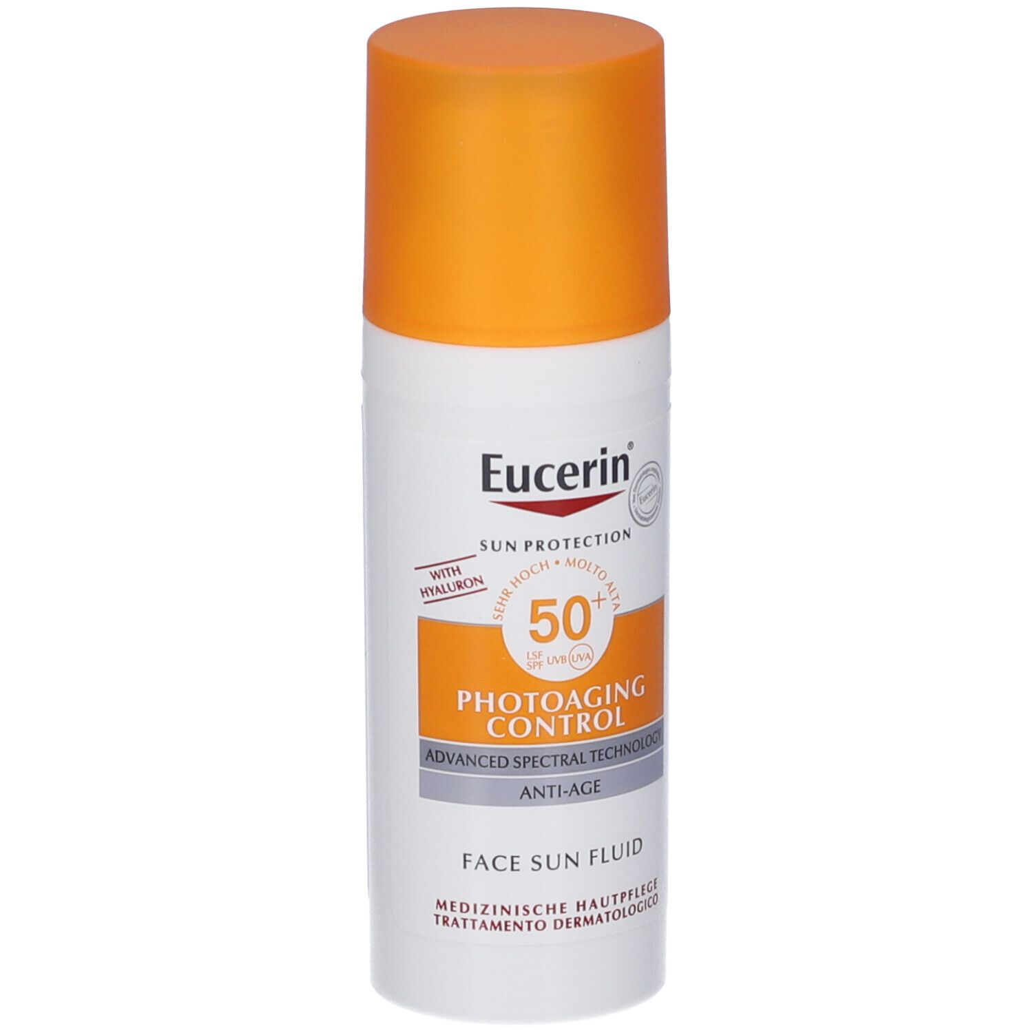 Flacone bianco con tappo arancione. Eucerin Sun Photoaging Control Face Fluid LSF 50. Testo: Con acido ialuronico, Anti-età.