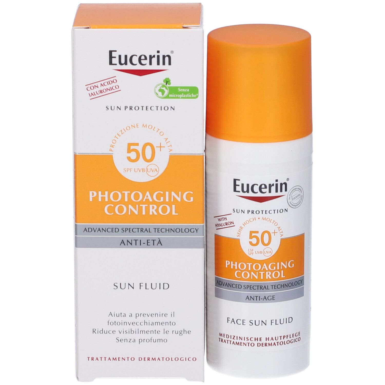 Eucerin Sun Photoaging Control Face Fluid LSF 50 e confezione. Testo: Con acido ialuronico, Anti-età. Confezione con testo.