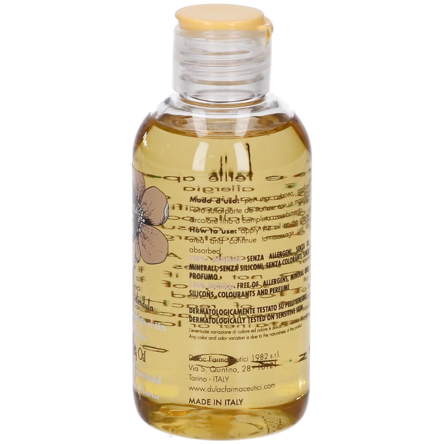 Retro di una bottiglia di olio per bambini. Etichetta con testo. Tappo giallo e bottiglia trasparente. Prodotto in Italia.