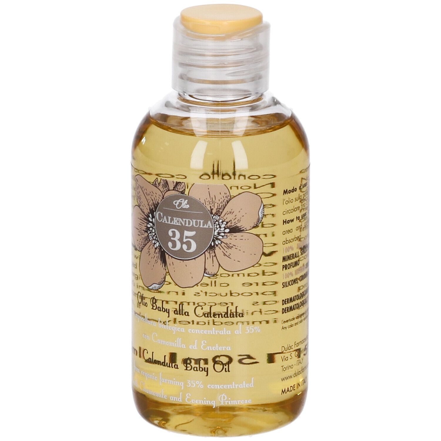 Bottiglia di olio per bambini con tappo giallo. Etichetta con design floreale e nome del prodotto. Bottiglia trasparente.