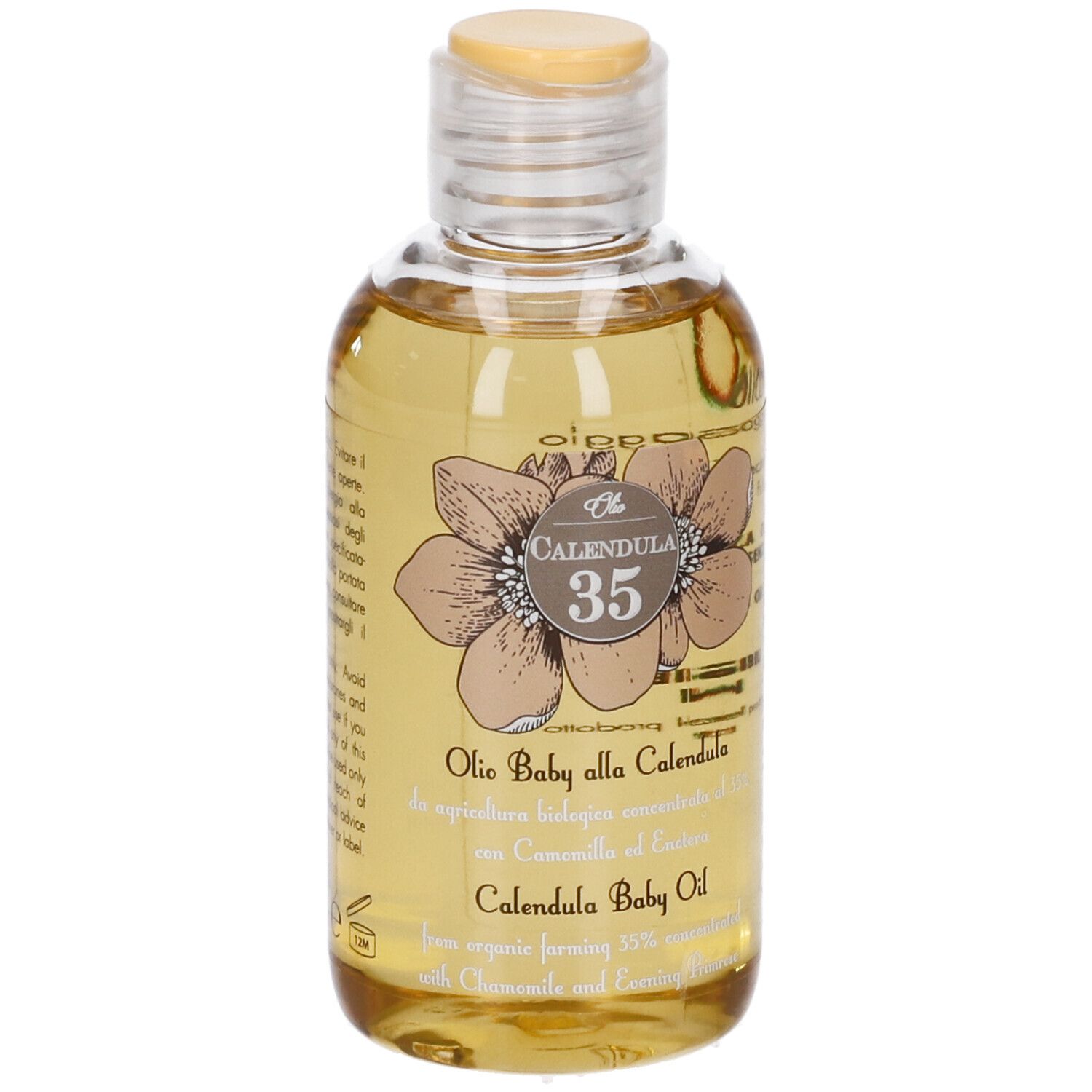 Bottiglia di olio per bambini con tappo giallo. Etichetta con design floreale e nome del prodotto. Bottiglia trasparente.