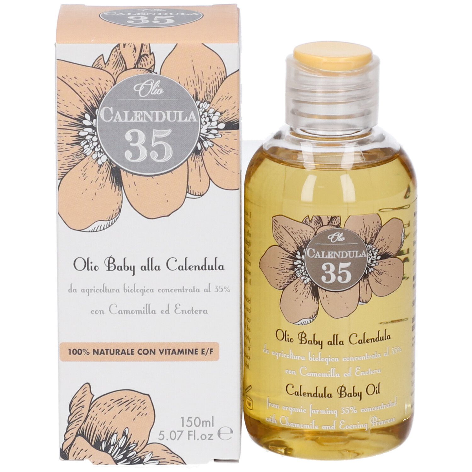 Bottiglia di olio per bambini accanto a una confezione. Bottiglia con tappo giallo. Confezione con design floreale e nome del prodotto.