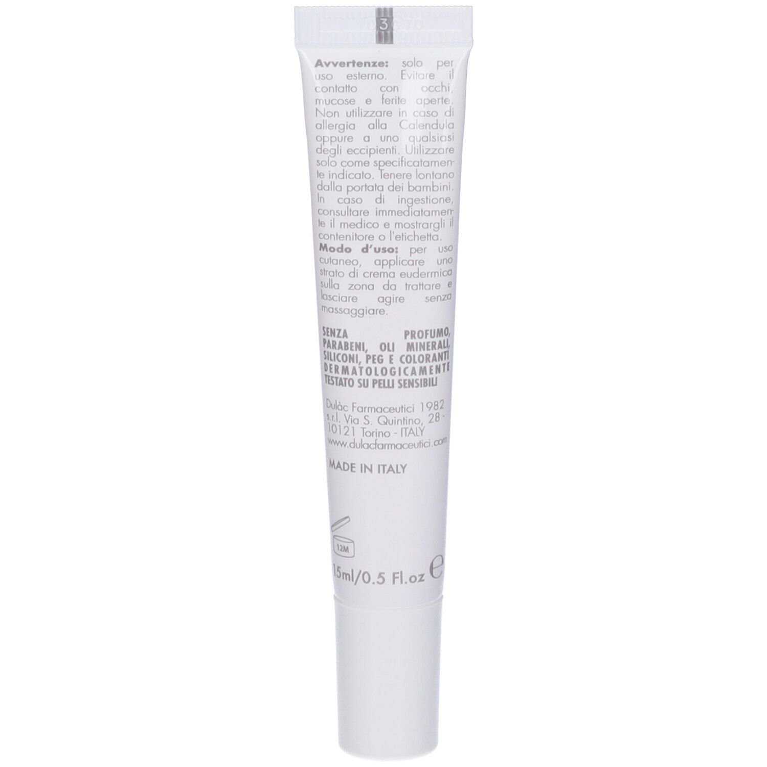 Retro del tubo di crema. Testo in italiano. Volume: 15ml/0.5 fl.oz. Made in Italy.