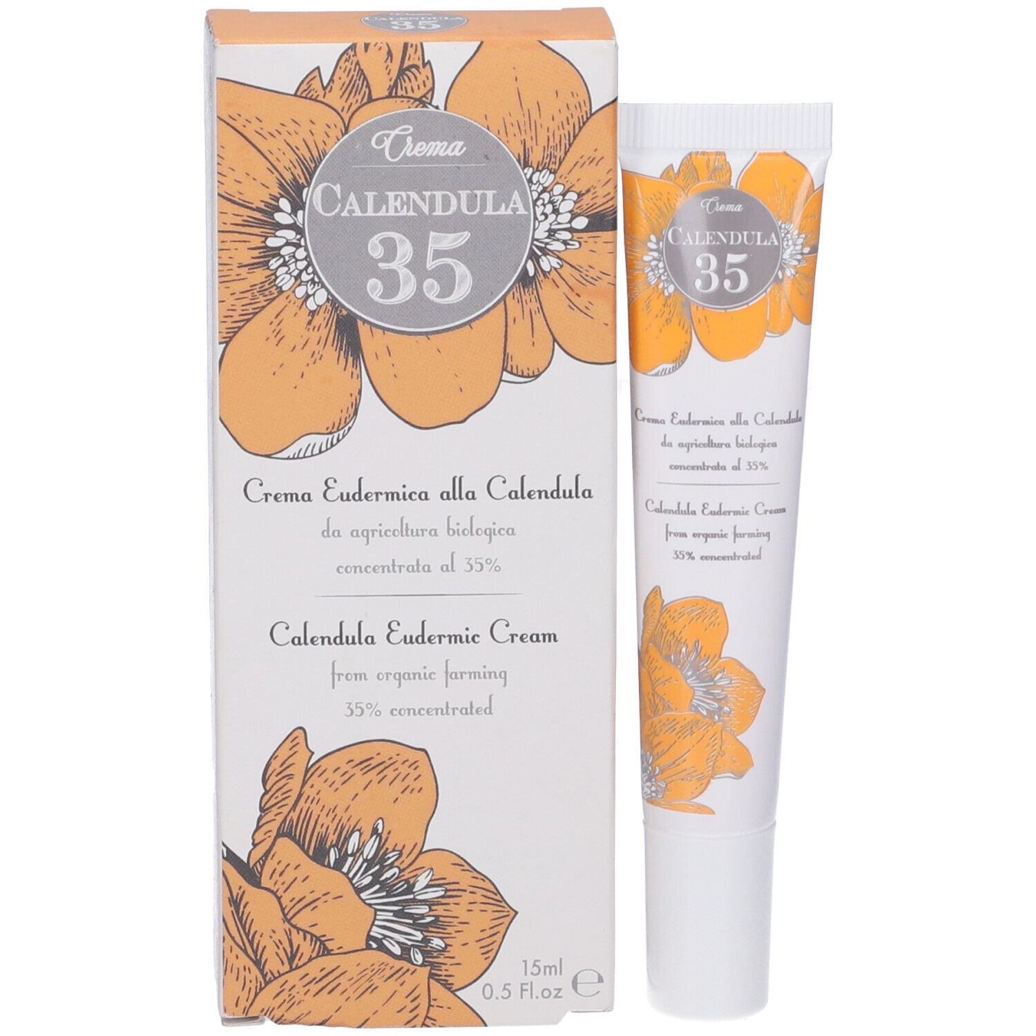 Tubo e scatola di crema. Scritta: Calendula 35. Crema Eudermica. 15ml. Illustrazioni floreali.