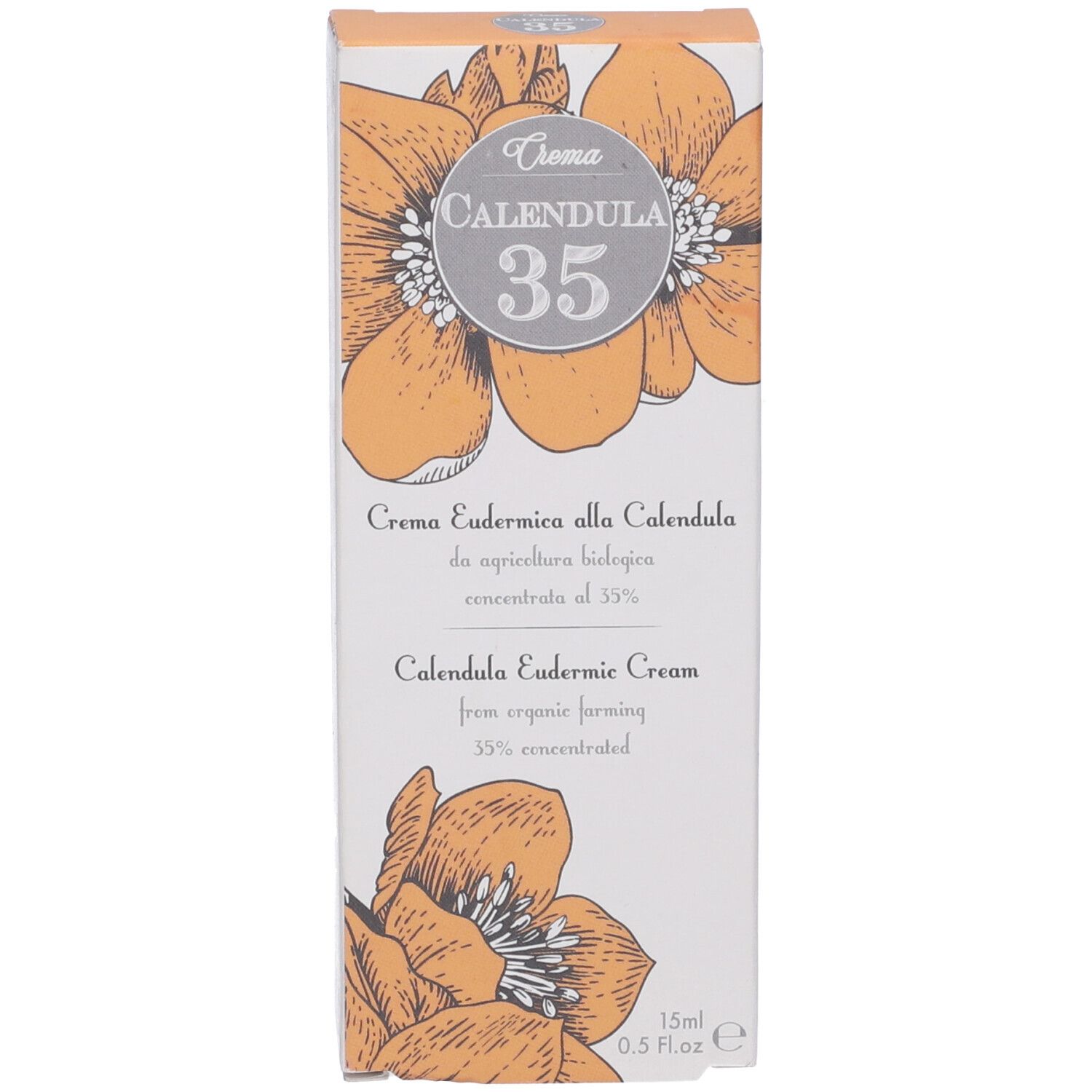 Scatola. Scritta: Calendula 35. Crema Eudermica. 15ml. Illustrazioni floreali.