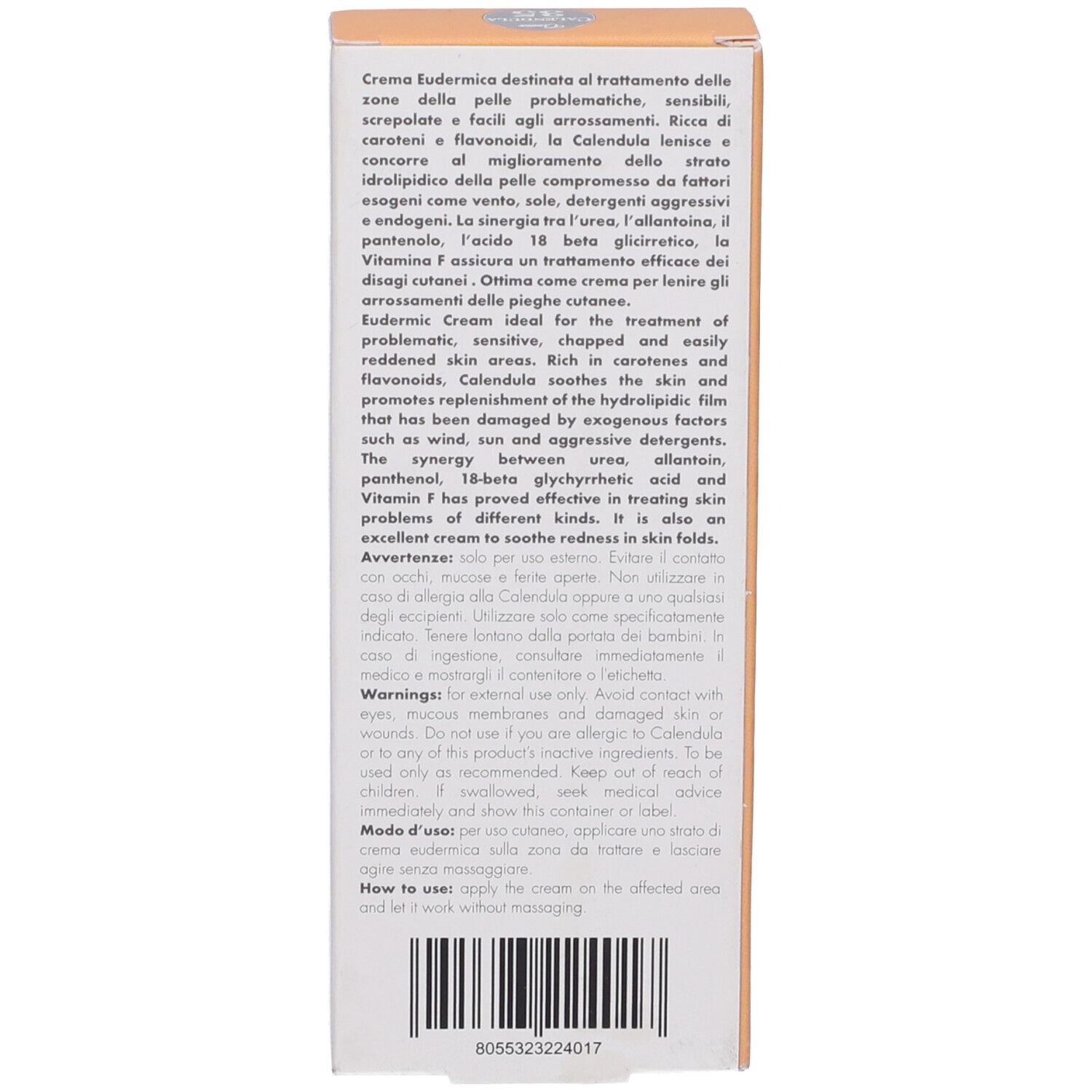 Retro della scatola. Testo in italiano. Istruzioni per l'uso. Avvertenze.