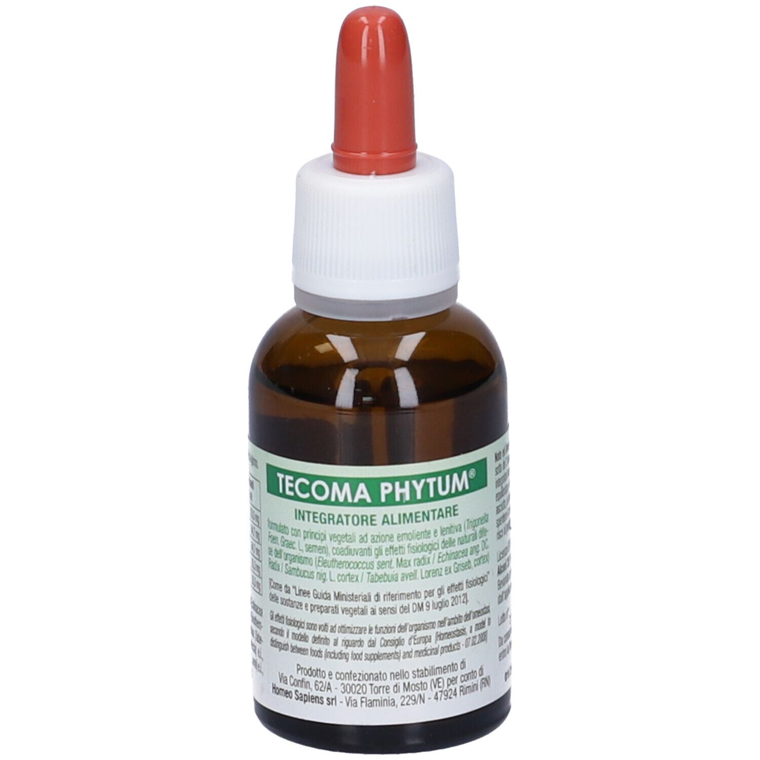Flacone di vetro marrone con contagocce. Etichetta con testo. Nome prodotto: Tecoma Phytum.
