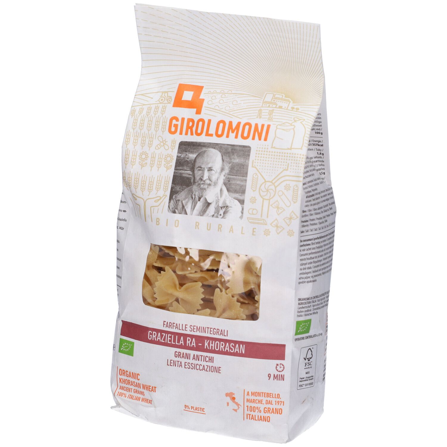 Confezione di pasta Farfalle. Visibile: logo Girolomoni, forma farfalle, sigillo bio.