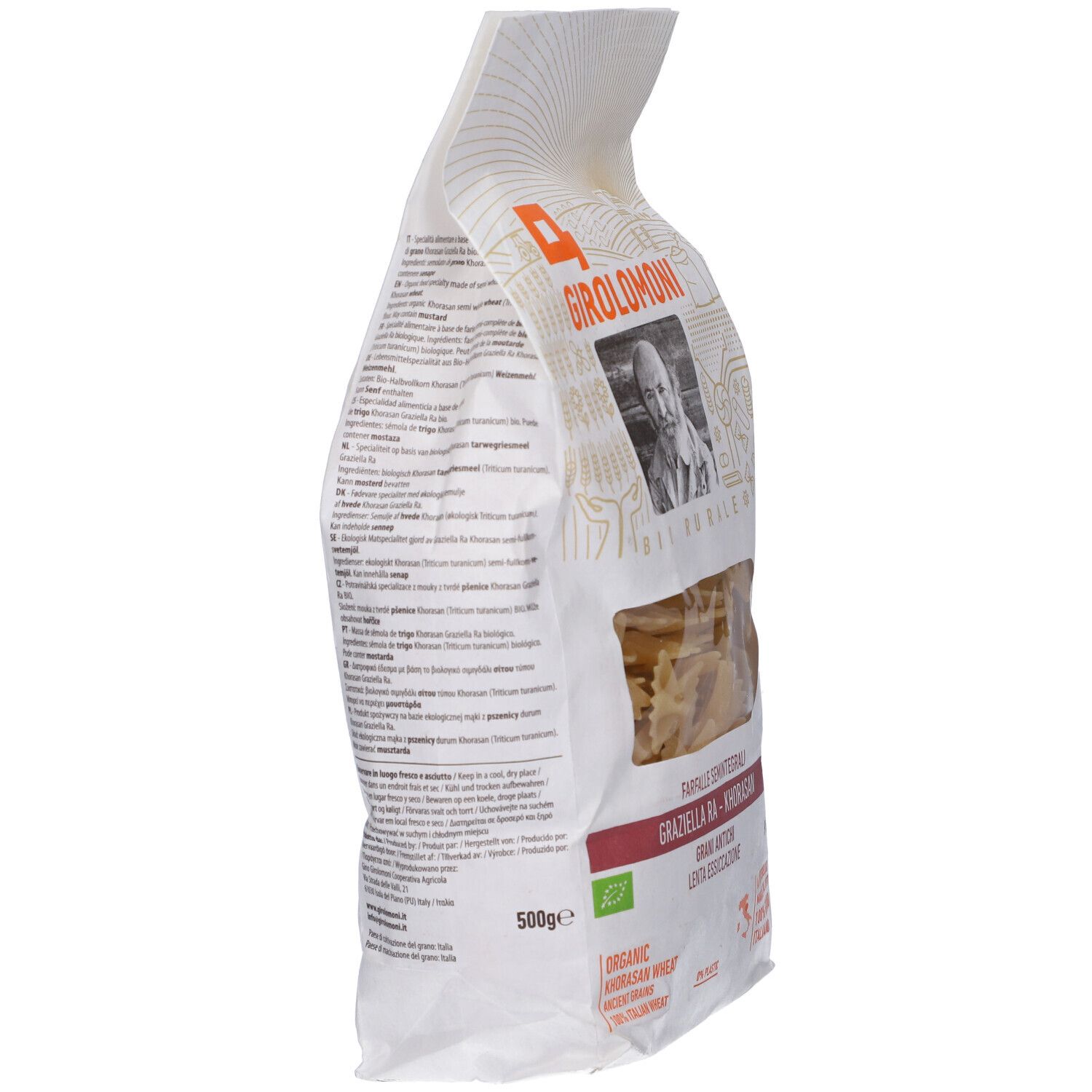 Vista laterale della confezione di pasta. Visibile: logo Girolomoni, testo, sigillo bio, 500g.