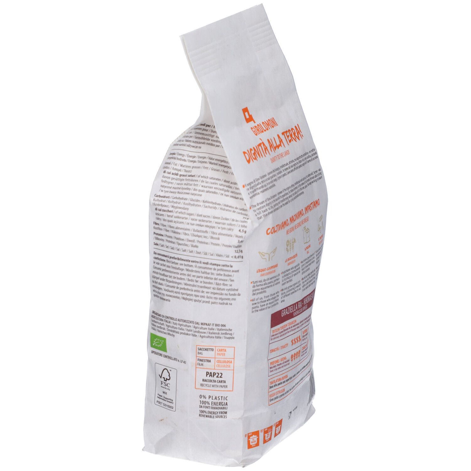 Vista laterale della confezione di pasta. Visibile: logo Girolomoni, testo, sigillo bio, informazioni.