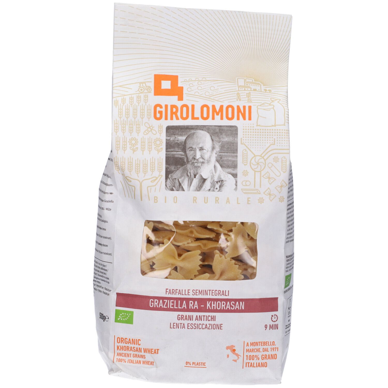 Confezione di pasta Farfalle. Visibile: logo Girolomoni, forma farfalle, sigillo bio.