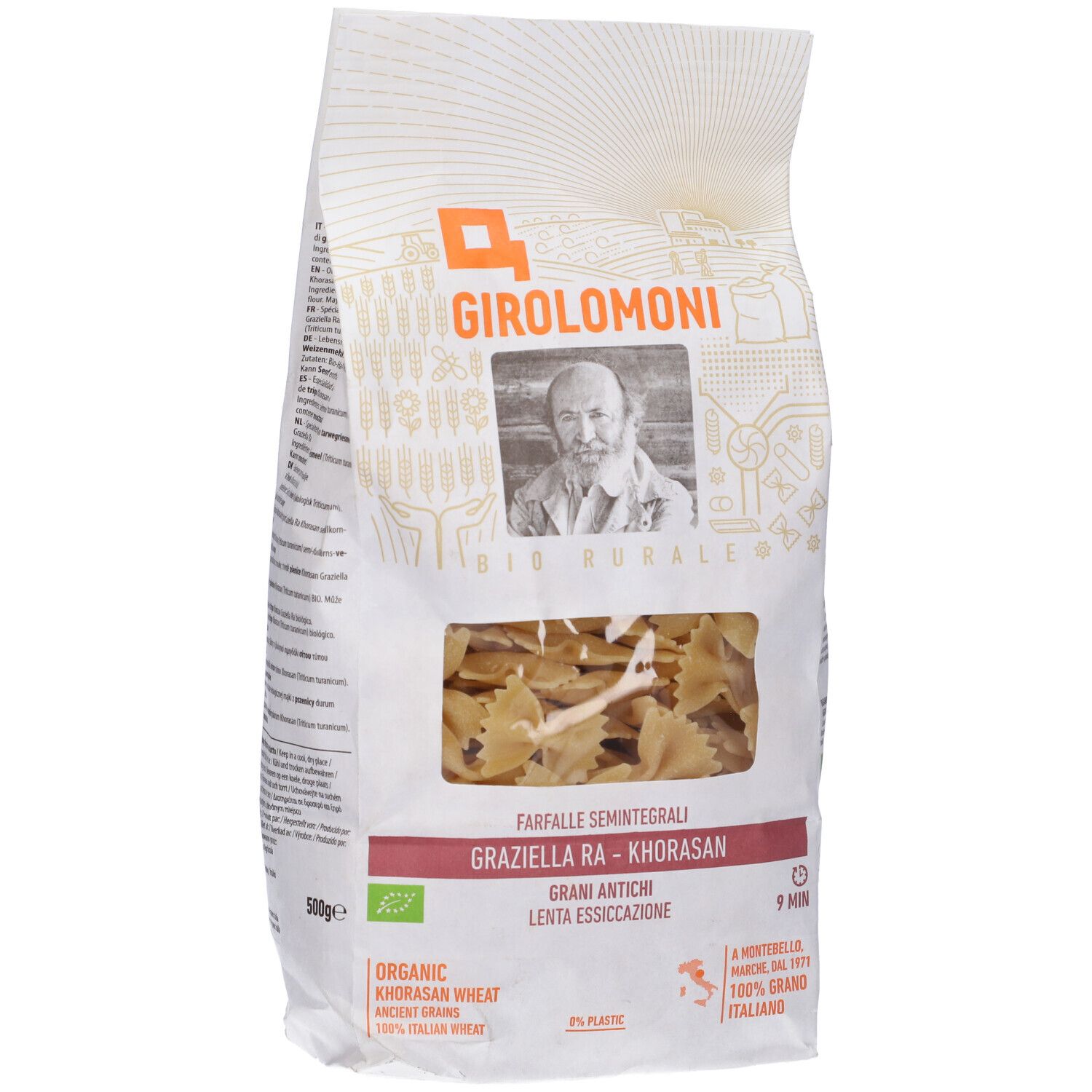 Confezione di pasta Farfalle. Visibile: logo Girolomoni, forma farfalle, sigillo bio.