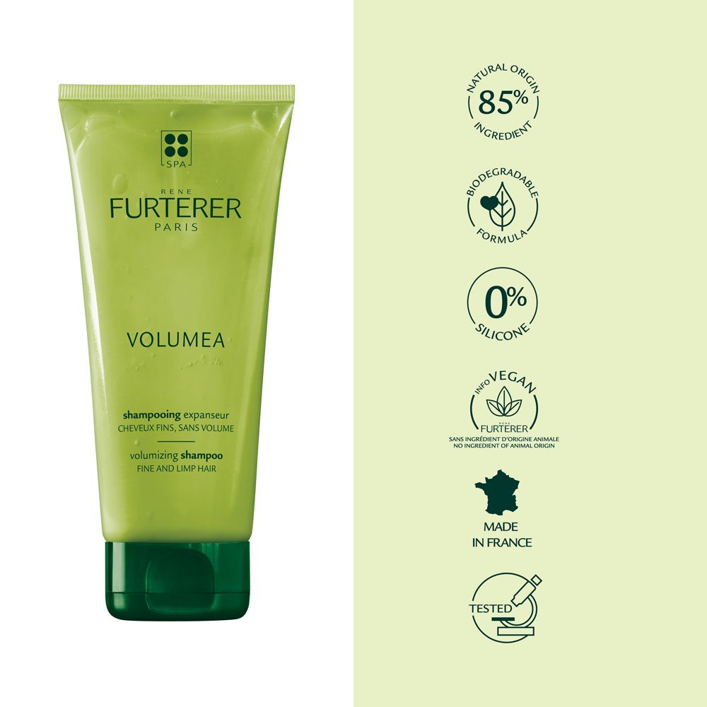 Tubo di shampoo verde. Marca RENE FURTERER VOLUMEA. 85% ingredienti naturali. Vegano. Senza silicone.