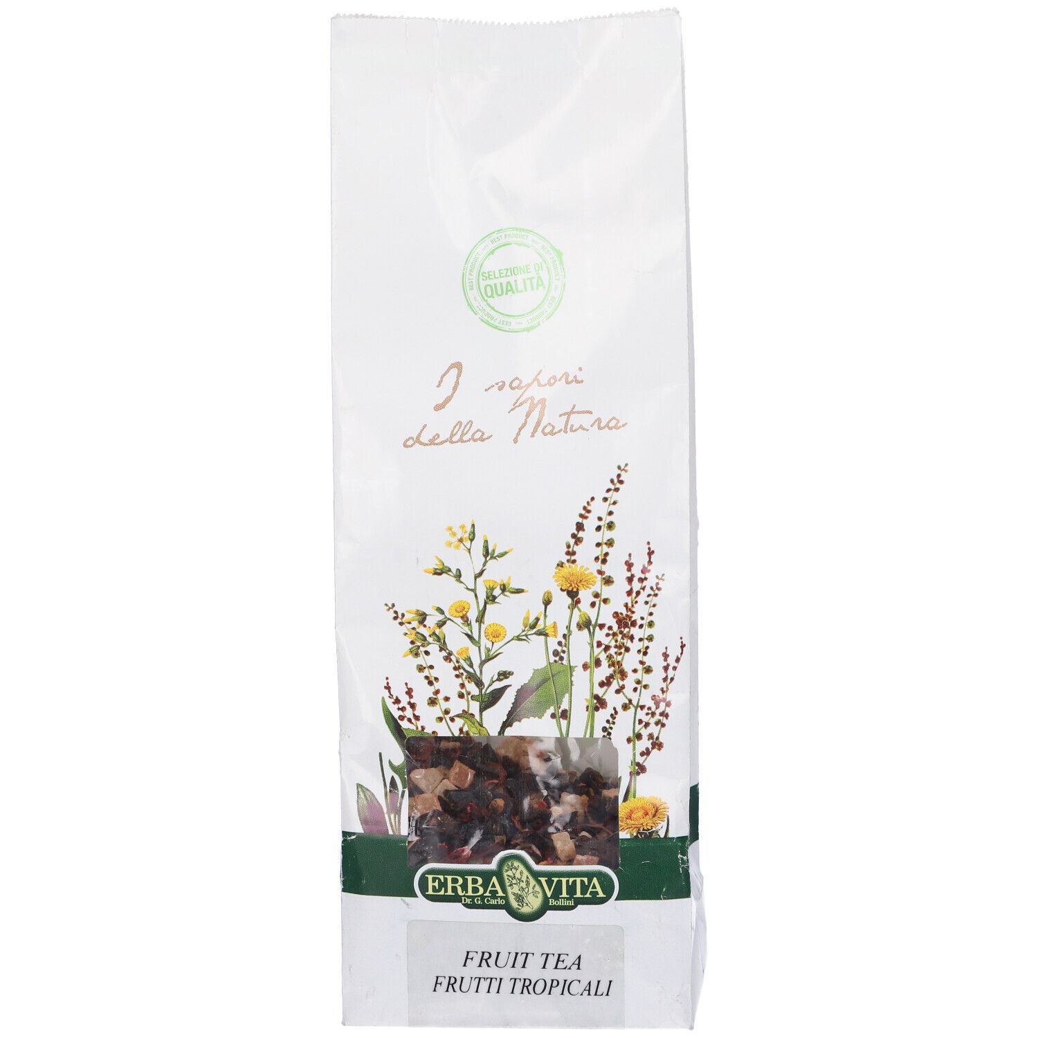 Busta bianca con design floreale e finestra. Testo: Erba Vita, Fruit Tea Frutti Tropicali.