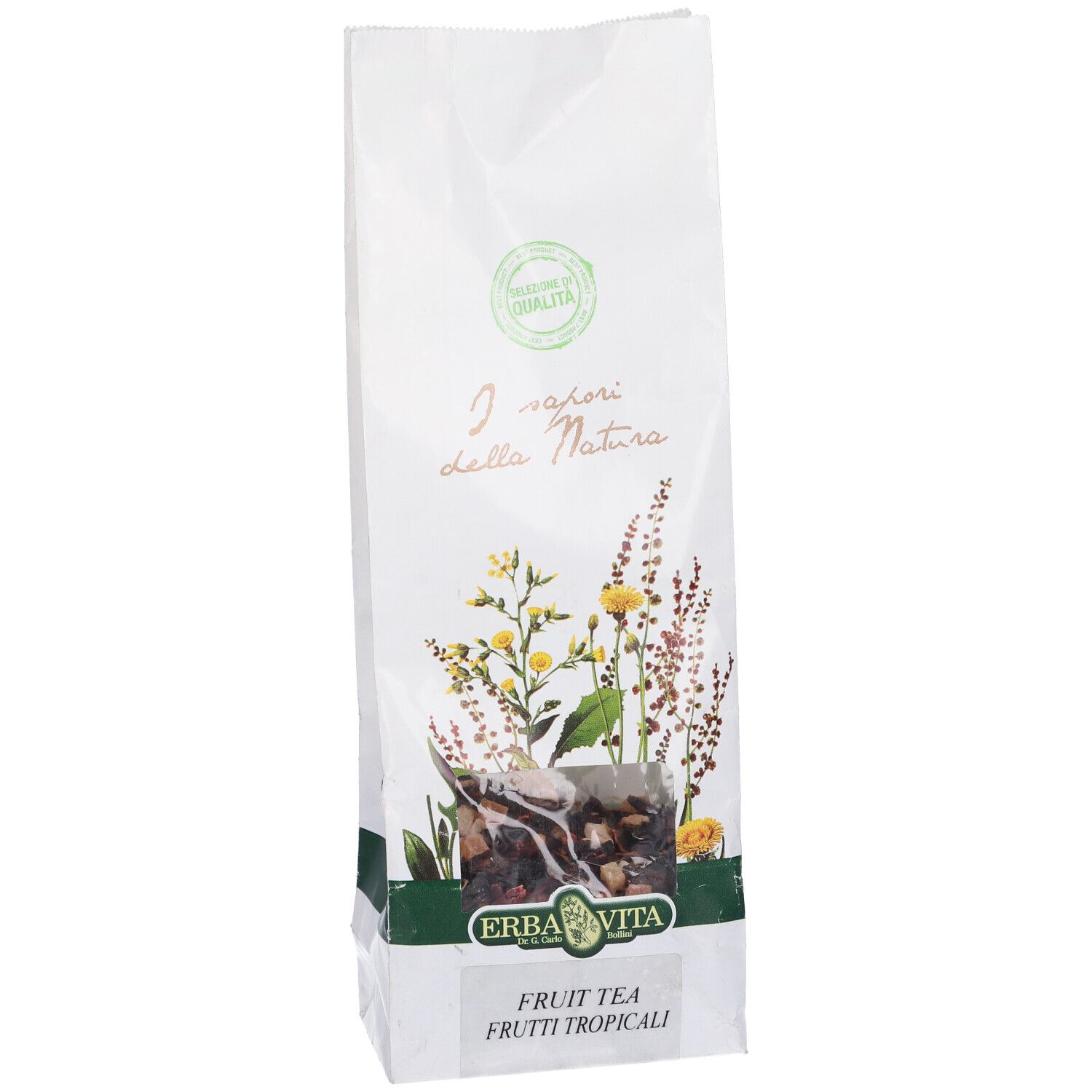 Busta bianca con design floreale e finestra. Testo: Erba Vita, Fruit Tea Frutti Tropicali.